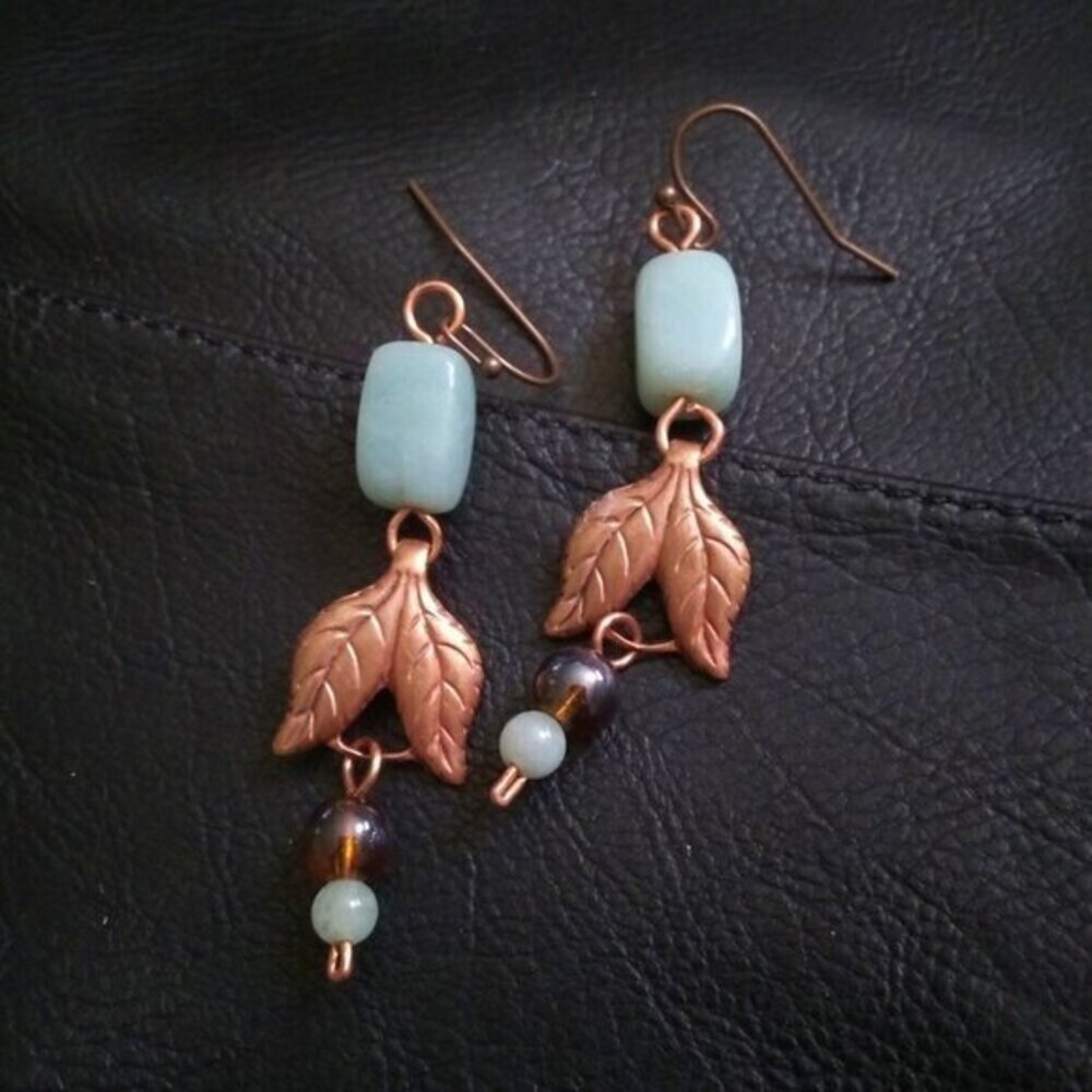 Handmade Copper Leaf + Green Aventurine Earrings! Fall Prosperity + Luck Jewelry - Picture 4 of 11